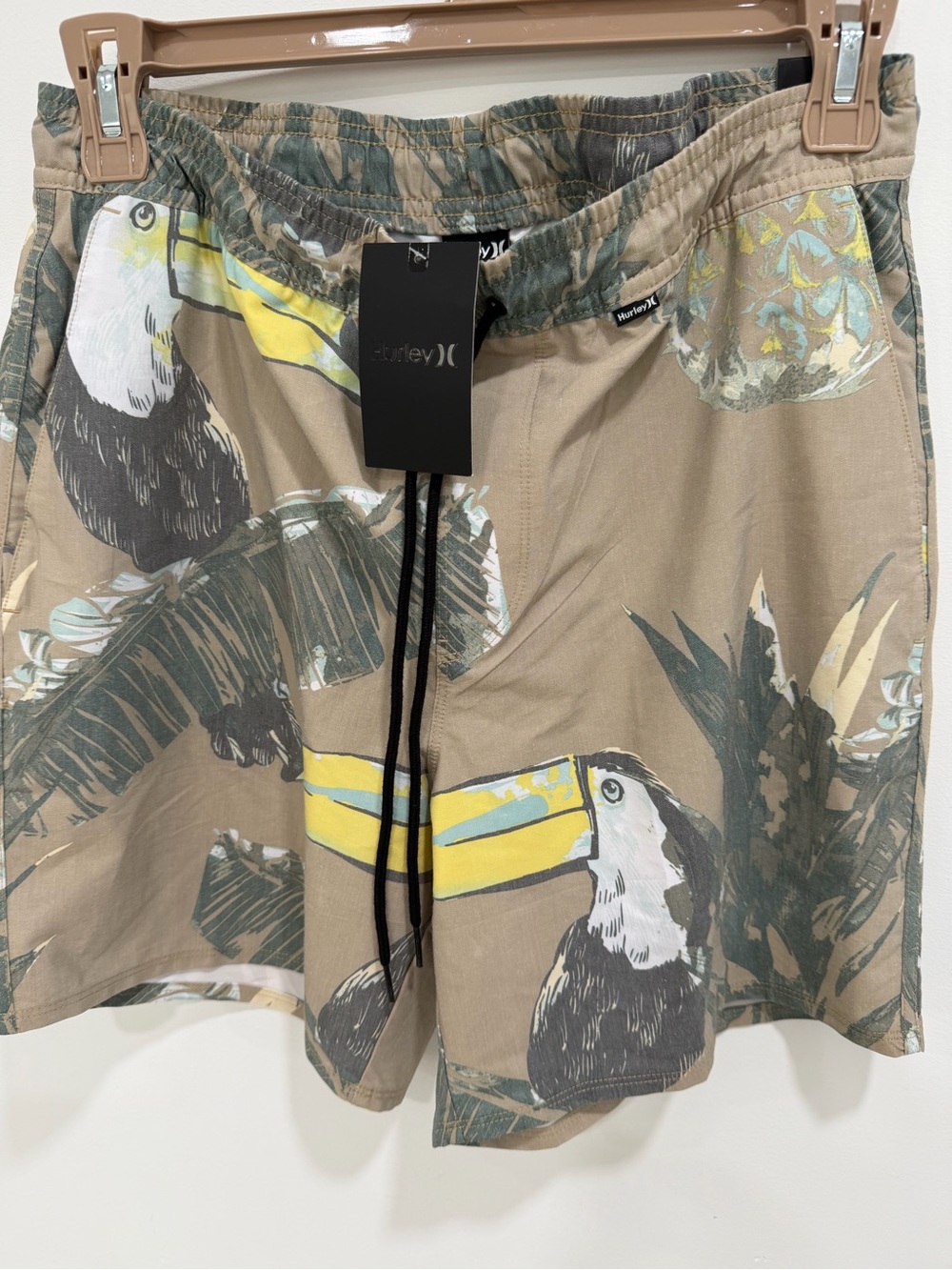 Hurley Men’s Beige Toucan-Print Swim Trunks with Yellow Accents